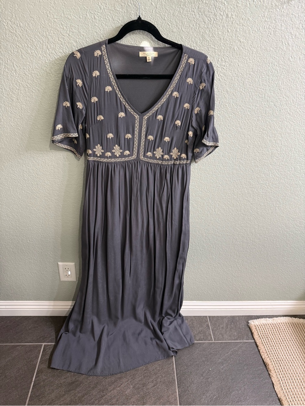 Polagram Slate Gray Maxi Dress with Cream Embroidery